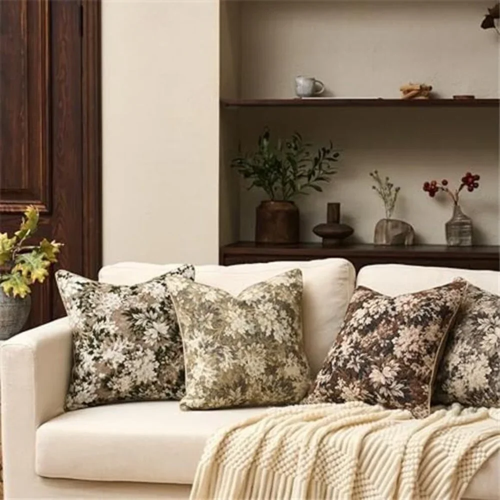 Neutral Floral Pillow Cover 20 x 20 Inches, Vintage Chenille Square